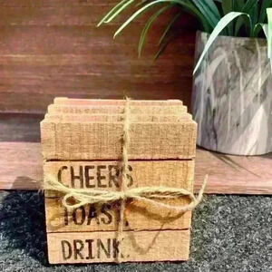 NEW SET of 4 Distressed Wood Coasters by Mud Pie - CHEERS, TOAST, DRINK